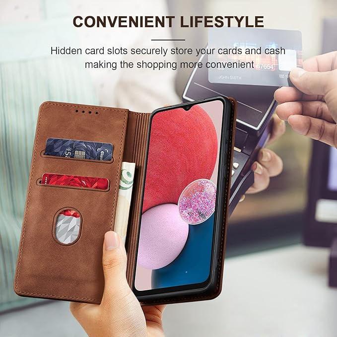 Jasonyu Flip Wallet Case for Samsung Galaxy A13 5G/4G/Galaxy A04s,Leather Magnetic Folio Cover with Card Holder,Kickstand - TPU Shockproof Durable Protective Phone Case,Brown