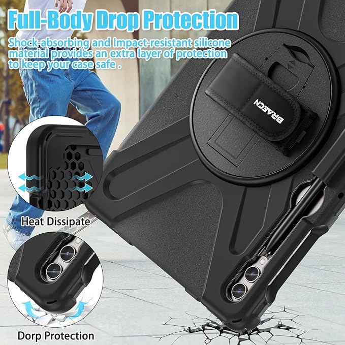 BRAECNstock for Samsung Galaxy Tab S10+ Plus/ S9 FE+ Plus/ S9+ Plus/ S8+ Plus/ S7 FE/ S7+ Plus 5G Tablet Case 12.4 inch Shockproof Protective Case with Pen Holder Rotating Stand & Hand Strap - Black