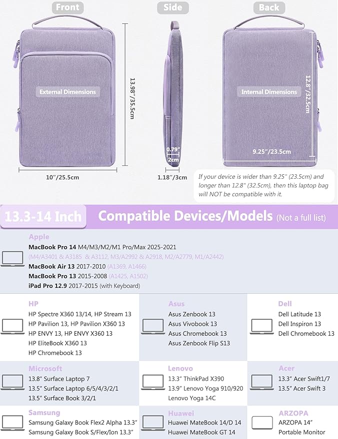 HYZUO 13.3-14 Inch Laptop Bag Sleeve for MacBook Pro 14 M4 M3 M2 M1, MacBook Air/Pro 13.3, 13.8"/13.5" Surface Laptop/Book, Notebook Case for 13" Dell Lenovo ThinkPad HP Asus Acer, Lilac Purple