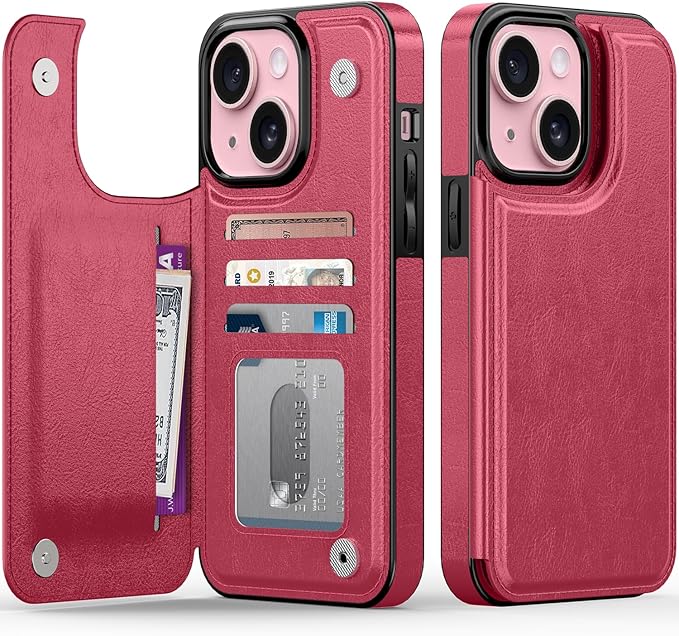 FUNMIKO for iPhone 15 Plus Wallet Case with Card Holder, RFID-Blocking, Military-Grade Protection & UV-Printed Artwork, Magnetic Closure with Leather Kickstand - Hot Pink