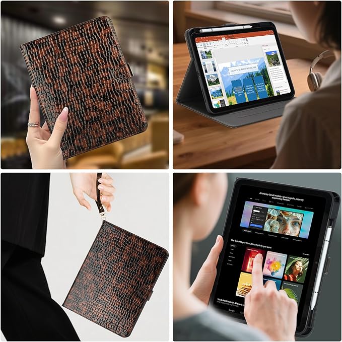 Elegant Case for Samsung Galaxy Tab A9 Plus 11 Inch 2023（Model: SM-X210/X216/X218）, Premium Leather Crocodile Cover | Stand | Card Pockets| Wrist Strap| S Pen Holder (Brown+Gold)