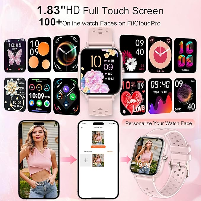 Smart Watch for Women Men (Answer/Make Calls) 1.83" HD Smartwatch Compatible Android iOS Phones with Fitness Running Step Counter/Heart Rate/Sleep, 120+ Sports Modes IP68 Waterproof, Pink/3 Bands