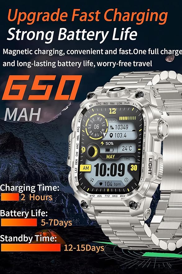 Tough Smart Watch for Working Men with Flashlight, 2.01" HD Ultra Large Rugged Smartwatch Bluetooth Call/Heart Rate/Sleep Monitor Hiking Camping Fitness Track Watches