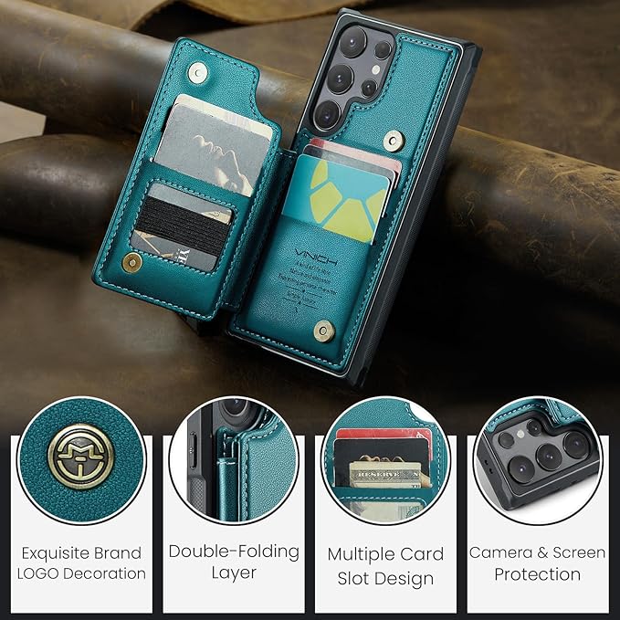 Vinich for Samsung Galaxy S24 Ultra Wallet Case with Card Holder, RFID Blocking Credit Slots Kickstand Shockproof Phone Cover for Women Men, Bluish Green