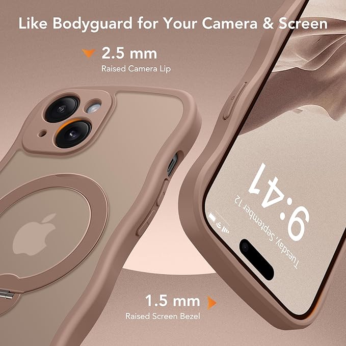 GolbinBox for iPhone 15 Plus Case for Women,[Compatible with Magsafe][360° Spin Magnetic Stand][Cute Wave Edge][Military-Grade Protection] Translucent Matte Phone Case for iPhone 15 Plus, Brown
