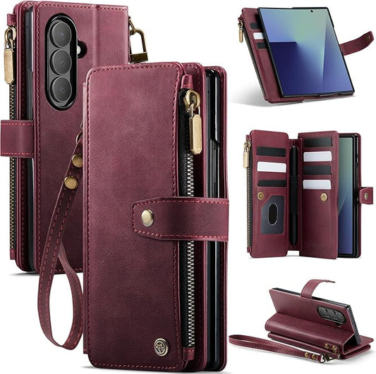 Vinich for Samsung Galaxy Z Fold 7 Wallet Case with Card Holder, Detachable Strap RFID Blocking Credit Slots Kickstand Shockproof Phone Cover for Women Men, Burgundy