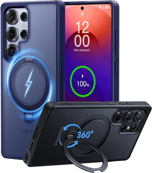 CASEKOO Patented 360° Spin Magnetic Stand for Samsung Galaxy S25 Ultra Case [18FT Military Drop Protection] [Compatible with MagSafe] Matte Translucent Slim S25 Ultra Case 6.9'' 2025, Blue