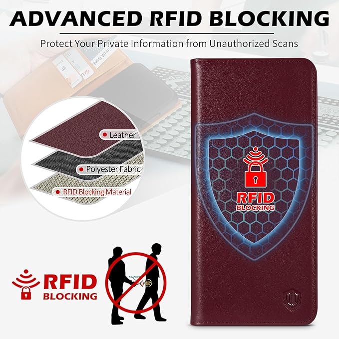 SHIELDON Case for Galaxy S25 5G 6.2", Genuine Leather Wallet Flip Magnetic Cover RFID Blocking Credit Card Slot Kickstand Shockproof Protective Case Compatible with Galaxy S25 2025 - Nappa Wine Red