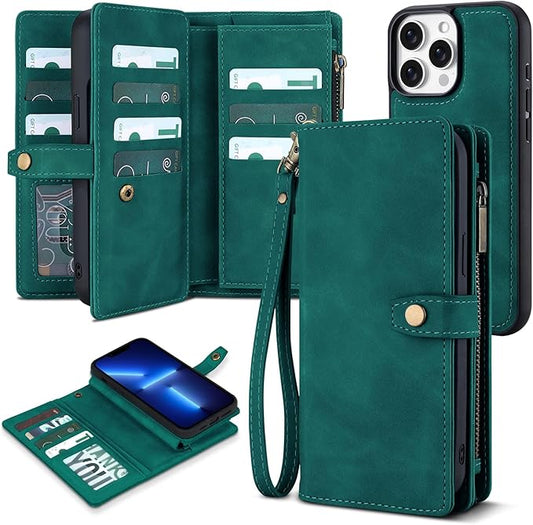 TwoHead for iPhone 13 Pro Wallet Case with Card Holder & Detachable Magnetic Phone Case, PU Leather Shockproof Protective Cover,Wrist Strap(6.1 in,Green)