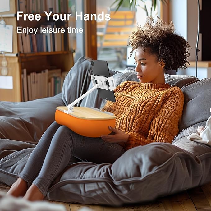 Lap Beanbag Cozy Kindle Pillow Stand for Bed with Adjustable Arm, 360° Tablet Holder, Fits 4.7"-13" Kindle, iPad, Phone, Lap Desk for Hands Free Reading in Bed, Couch, Sofa,Orange
