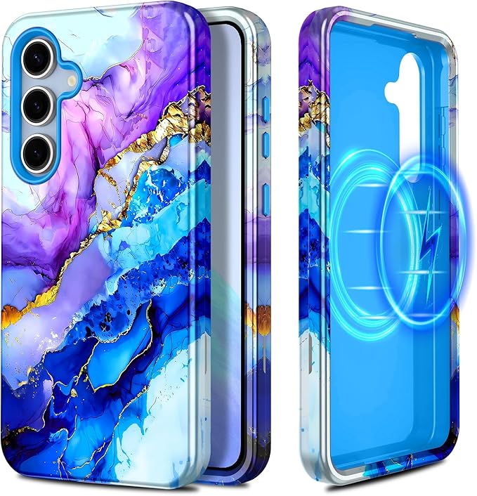 Casetego for Galaxy S24 FE Case,Compatible with MagSafe,[Military Grade Drop Test] Full Body Protection Slim Shockproof Rugged Marble Women Case for Samsung Galaxy S24 FE 6.7 inch,Azure Blue