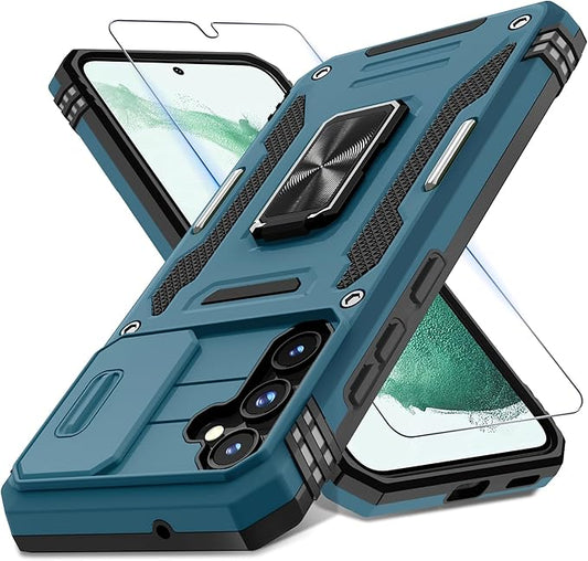 DEERLAMN Case for Samsung Galaxy S23 FE 6.4-Inch with Slide Camera Cover+Screen Protector(1 Pack),Rotated Ring Kickstand Military Grade Shockproof Protective Cover-Light Blue
