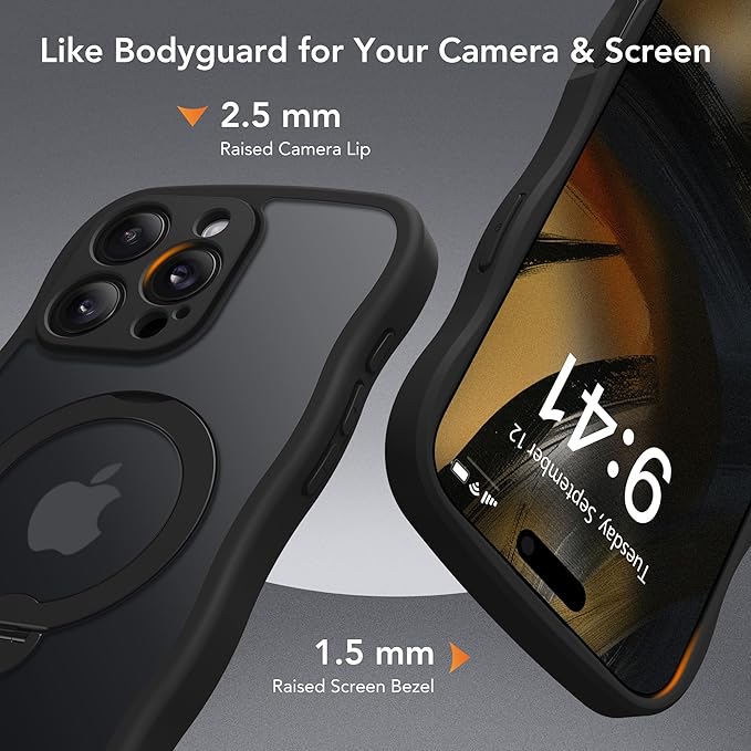 GolbinBox for iPhone 16 Pro Max Case for Women,[Compatible with Magsafe][360° Spin Magnetic Stand][Cute Wave Edge][Military-Grade Protection] Translucent Matte Phone Case for iPhone 16 ProMax, Black