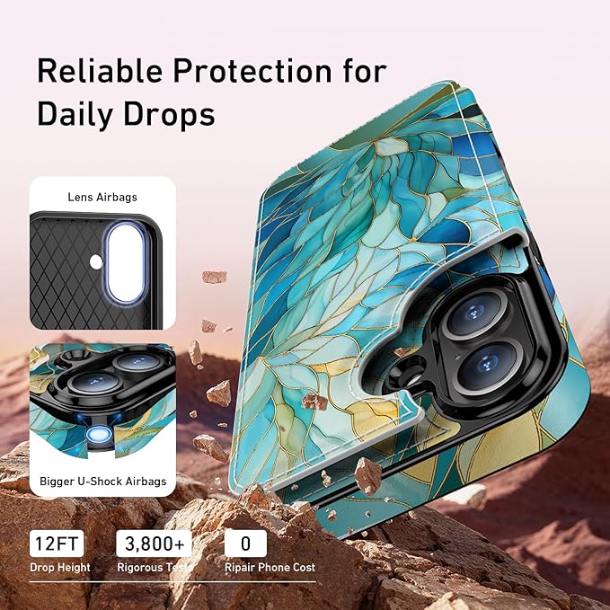 FUNMIKO for iPhone 16 Plus Wallet Case with Card Holder, RFID-Blocking, Military-Grade Protection & UV-Printed Artwork, Magnetic Closure with Leather Kickstand - Sleek Cyan Leaf