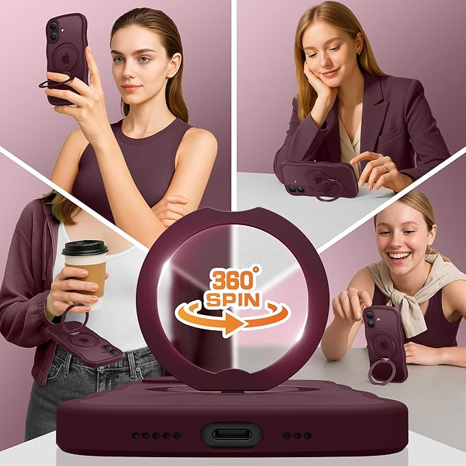 for iPhone 16 Plus Case,[Compatible with Magsafe][360° Spin Magnetic Stand][Military-Grade Protection][Camera Control][Cute Wave Edge]Translucent Matte Women Phone Cover for 16 Plus, Wine Red