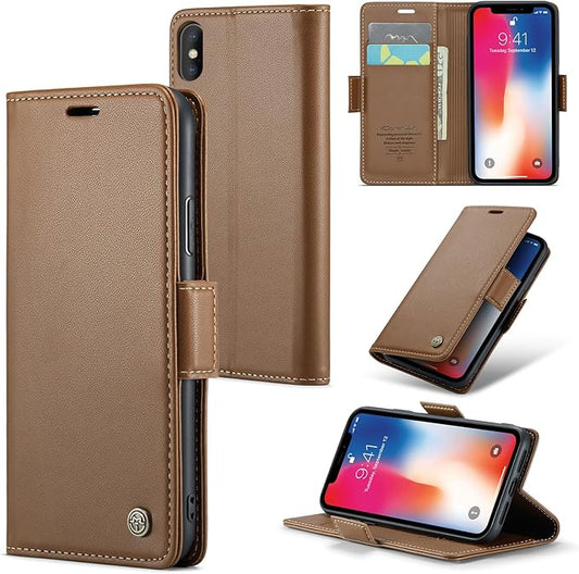 for iPhone X Case/iPhone Xs Case, Premium PU Leather Wallet Case Flip Cover with [RFID Blocking][Card Holder][Stand Function] Shockproof Protective for iPhone X/XS, Brown