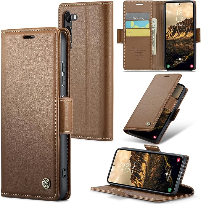 Case for Samsung Galaxy S24 Wallet Case, RFID Blocking PU Leather Flip Folio Cover Card Holder Kickstand Shockproof Phone Case Compatible with Samsung Galaxy S24, Brown
