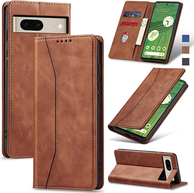 Jasonyu Flip Wallet Case for Google Pixel 7 5G,Leather Magnetic Folio Cover with Card Holder,Kickstand - TPU Shockproof Durable Protective Phone Case,Brown