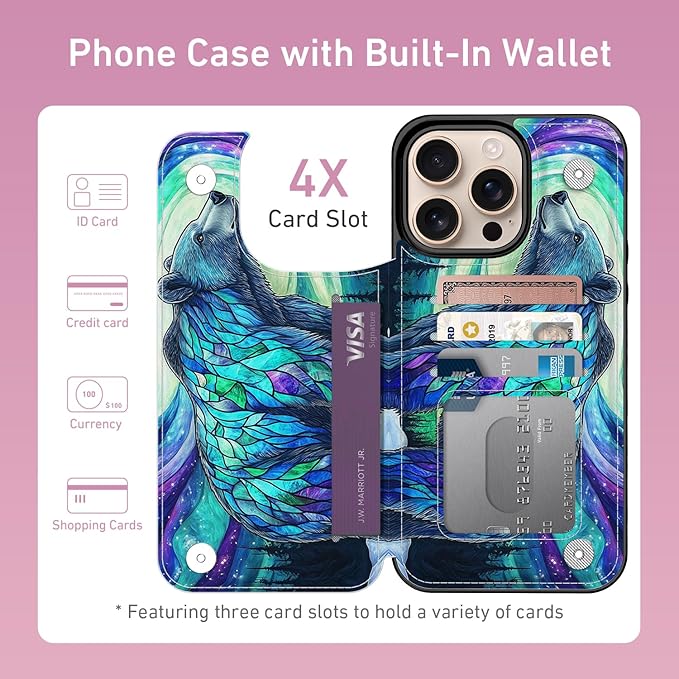 FUNMIKO for iPhone 16 Pro Max Wallet Case with Card Holder, RFID-Blocking, Military-Grade Protection & UV-Printed Artwork, Magnetic Closure with Leather Kickstand - Prismatic Aurora Bear