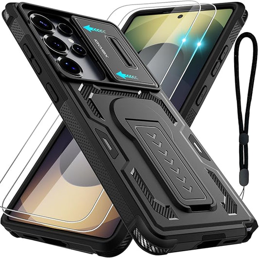 for Samsung Galaxy S25 Ultra Case with 2*Screen Protector, Slide Camera Cover, Kickstand, Lanyard Strap, Military Grade Shockproof Protective Heavy Duty Non-Slip for S25 Ultra Case-6.9'', Black