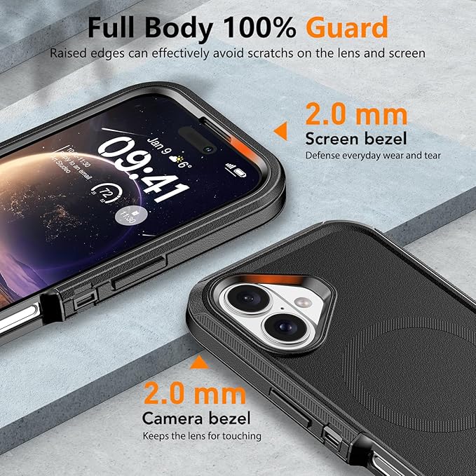 for iPhone 16 Plus Case with Belt Clip Holster, Anti-Shock, Anti-Slip, Compatible with MagSafe, 3-Layer Drop Protection, Heavy Duty Magnetic Phone Case Cover for 16 Plus, 6.7" Black