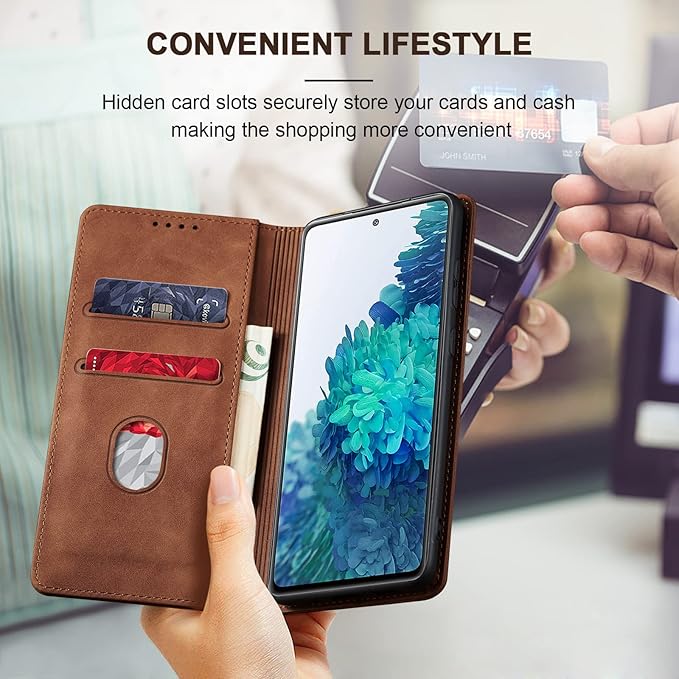 Jasonyu Flip Wallet Case for Samsung Galaxy S20 FE 5G,Leather Magnetic Folio Cover with Card Holder,Kickstand - TPU Shockproof Durable Protective Phone Case,Brown