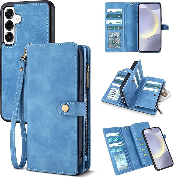 TwoHead for Samsung Galaxy S24 Plus Wallet Case with Card Holder,Detachable Magnetic Phone Case for Galaxy S24 Plus,PU Leather All-Round Protective Phone Cover Wallet with Strap(6.6 in,Sky Blue)