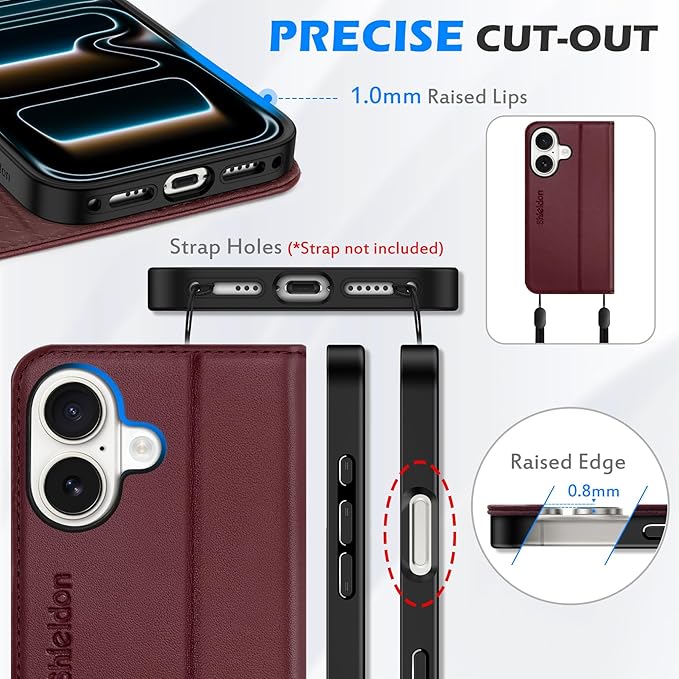 SHIELDON Wallet Case for iPhone 17 6.3-inch 2025 | Genuine Leather | Flip Magnetic | RFID Blocking Card Holder | Kickstand | Shockproof | Soft Shock-Absorbent Phone Cover | Wine Red
