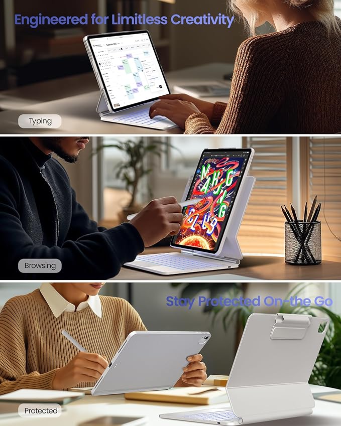 typecase Edge+ Keyboard Case for iPad Air 13-inch(M3 2025 / M2 2024),Ultra-Slim Detachable Case,Portrait & Typing Modes,Built-in Trackpad,11-Color Backlight,Magnetic Stand,Pencil Holder,White