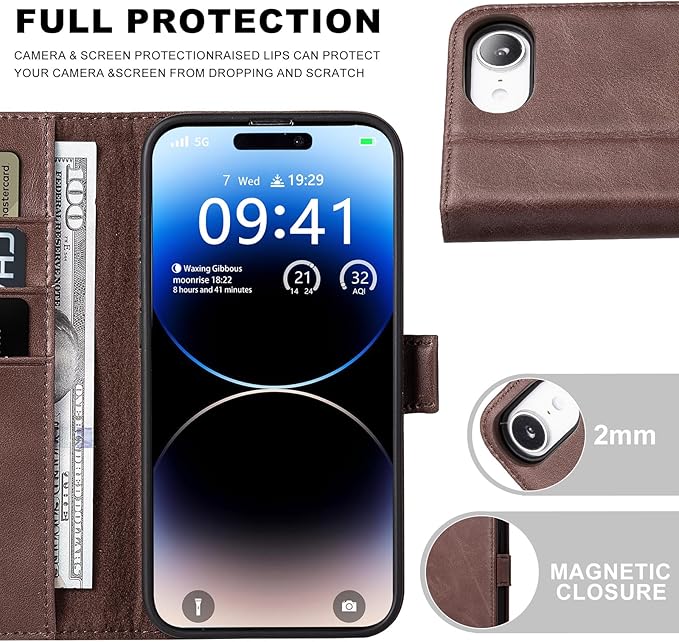 Case for iPhone 16e 6.1", Genuine Leather Wallet Magnetic Cover RFID Blocking Card Slot Kickstand Shock-Absorbent TPU Phone Holder Case Compatible with iPhone 16e 2025 5G (Darkbrown)