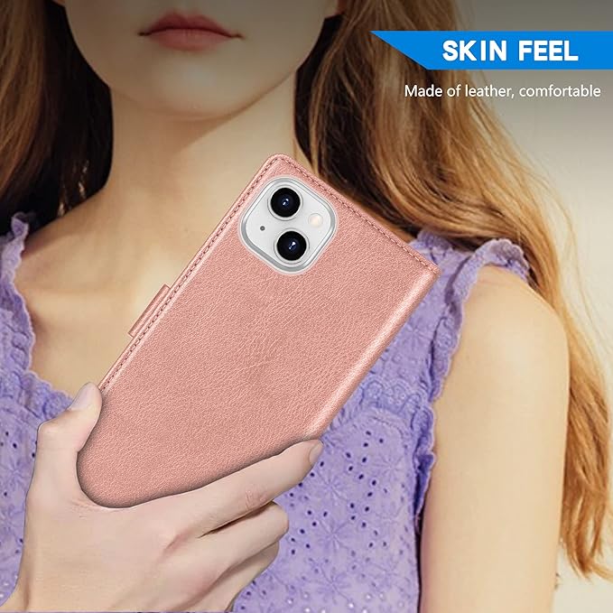 ZZXX for iPhone 14 Wallet Case with [RFID Blocking] Card Slot Kickstand Magnetic Closure Leather Flip Fold Protective Phone Case for iPhone 14 Case Wallet(Rose Gold-6.1 inch)