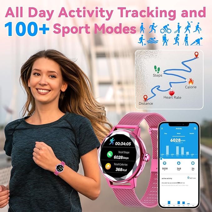 Smart Watch for Women with Make/Answer Call, 1.2" Adjustable Fitness Watch with Heart Rate Sleep Monitor Female Cycle and 100+ Sports Modes (W02-Rose Pink)
