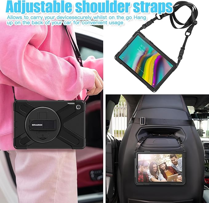 BRAECNstock for Samsung Galaxy Tab S5e Case 10.5 inch 2019 (SM-T720/T725/T727) Shockproof Protective Galaxy S5e Tablet Case for Kids with Screen Protector Pen Holder Rotating Stand+Hand Strap - Black