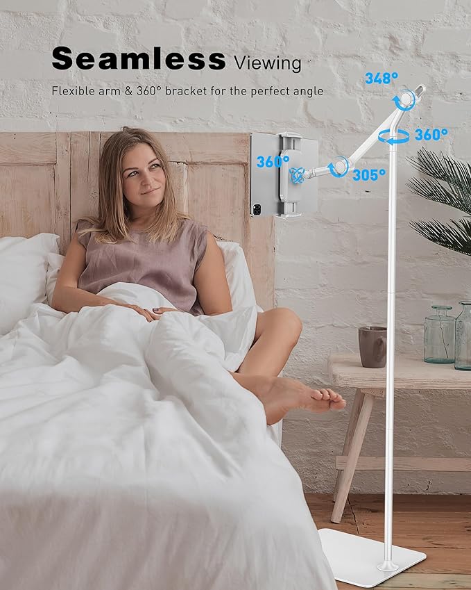 AboveTEK Tablet Floor Stand,Stylish Adjustable Height iPad Floor Stand with Stable Base,Aluminum 360° Rotation Holder for Sofa Bed,Fits 4.7-13.5"iPad Pro 12.9/Air/Mini,Galaxy Tab,iPhone, Kindle(White)