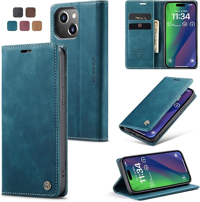 for iPhone 15 Case, Flip Wallet Leather Case with Card Holder Magnetic Closure Shockproof Kickstand Protective Phone Cases Cover for iPhone 15, Blue-Green