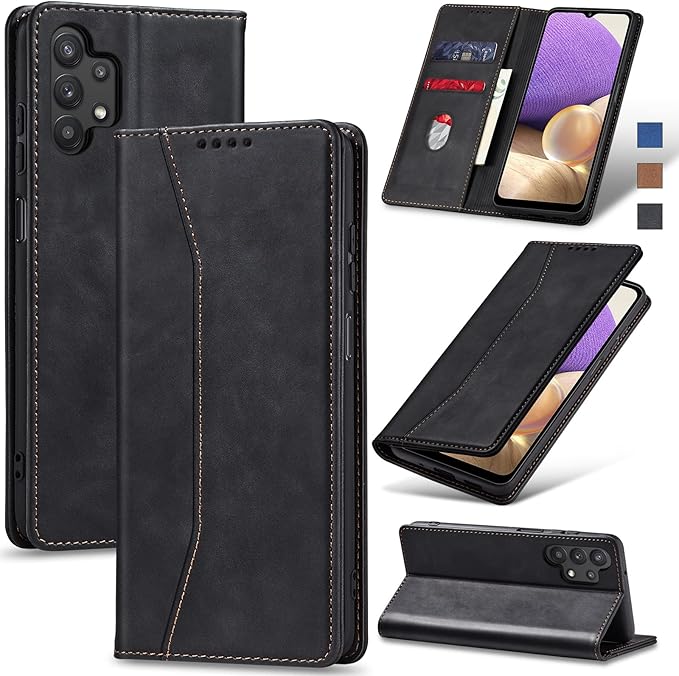 Jasonyu Flip Wallet Case for Samsung Galaxy A32 5G,Leather Magnetic Folio Cover with Card Holder,Kickstand - TPU Shockproof Durable Protective Phone Case,Black