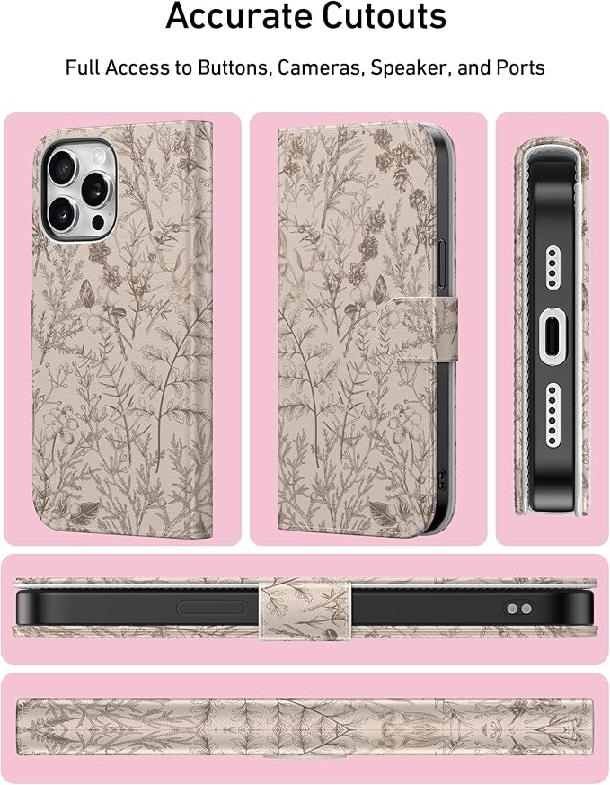 DEENAKIN for iPhone 15 Pro Max Wallet Case with Card Holder + Cash Clip, RFID-Blocking, Military-Grade Drop Protection, Magnetic Closure with Leather Kickstand - Serene Foliage