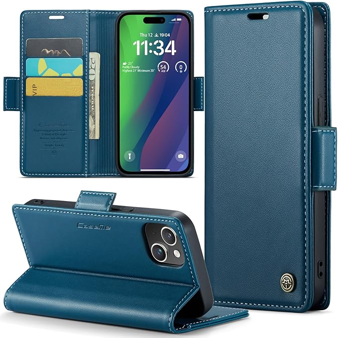 for iPhone 15 Case, Premium PU Leather Wallet Case Flip Cover with [RFID Blocking][Card Holder][Stand Function] Shockproof Protective for iPhone 15 Case, Blue