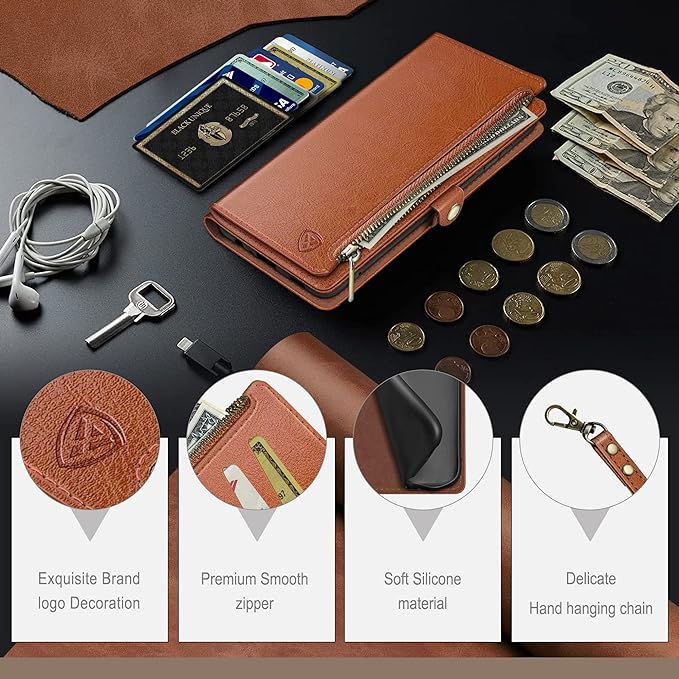 XcaseBar Compatible with Samsung Galaxy S25 Wallet case with Zipper Credit Card Holder【RFID Blocking】,Flip Folio Book PU Leather Phone case Shockproof Cover Women Men for Samsung S25 case Light Brown