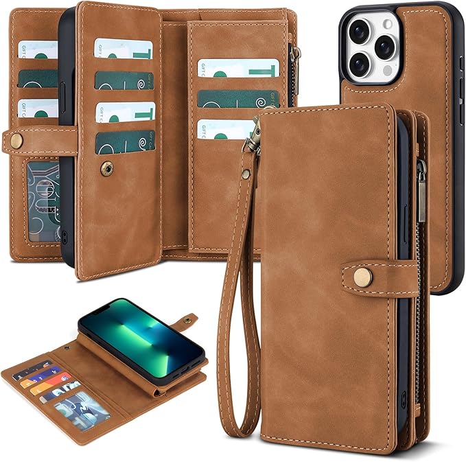 TwoHead for iPhone 13 Pro Max Wallet Case with Card Holder & Detachable Magnetic Phone Case, Leather All-Round Protection Phone Case Wallet for Women/Men,6.7 in,Brown