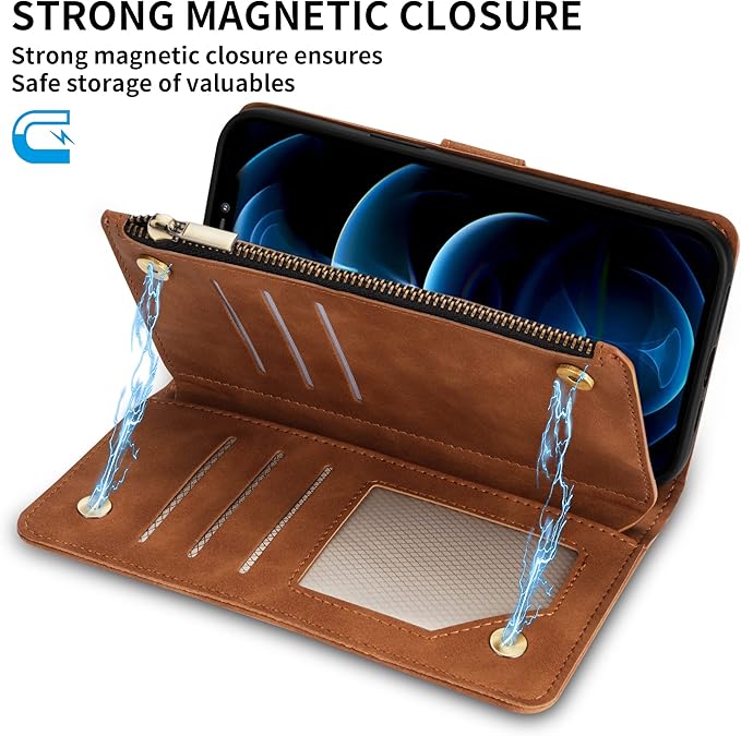 ZZXX iPhone 12 Pro Wallet Case with Card Slot, Premium Soft PU Leather Zipper Flip Folio Wallet with Wrist Strap Kickstand Protective for iPhone 12 (Brown 6.1 inch)