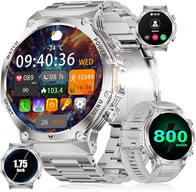 Smart Watch for Men,800mAh Large Battery/1.75" HD Smart Watches with LED Flashlight for Android/iOS (Bluetooth Call Answer/Calls) Fitness Tracker with Heart Rate/Sleep Tracking
