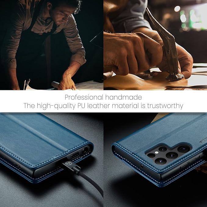 AUPAI for Samsung Galaxy S23 Ultra Wallet Case with Credit Card Holder, PU Leather RFID Blocking Folio Flip Kickstand Magnetic Clasp Protective Phone Cover for Women Men Blue