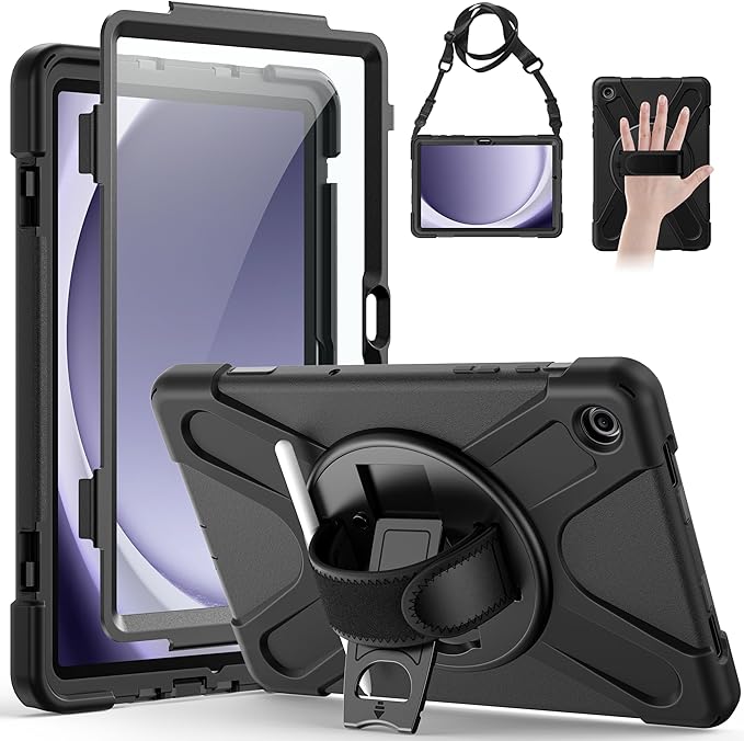 Gerutek Case for Samsung Galaxy Tab A9+/ A9 Plus Case 11" 2023, Full-Body Drop Protection Shockproof Cover with Screen Protector, 360° Rotating Stand, Hand/Shoulder Strap, Pencil Holder, Black