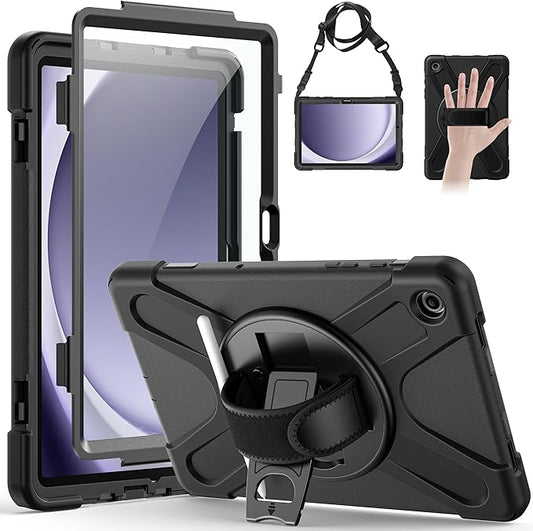 Gerutek Case for Samsung Galaxy Tab A9+/ A9 Plus Case 11" 2023, Full-Body Drop Protection Shockproof Cover with Screen Protector, 360° Rotating Stand, Hand/Shoulder Strap, Pencil Holder, Black