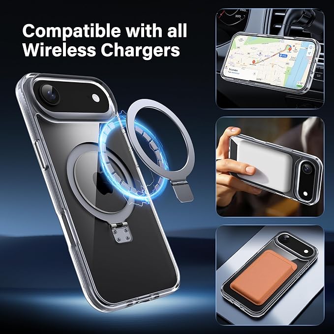 Magnetic Case for iPhone Air - [Built-in Invisible Stand] [Compatible with MagSafe] [Military Grade Drop Protection] Anti-Yellowing Hard Back Silicone Edge Cover, 6.5", Clear