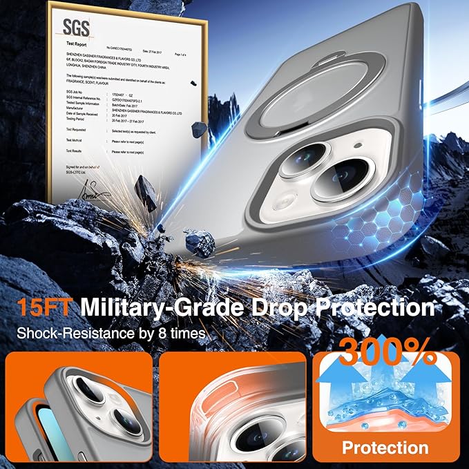 360° O-Ring MagStander for iPhone 15 Case with Magnetic Kickstand Ring Holder [Compatible with MagSafe][360°Rotate Stand Ring][Military Shockproof] Magnet iPhone 15 Phone Cover Matte Grey