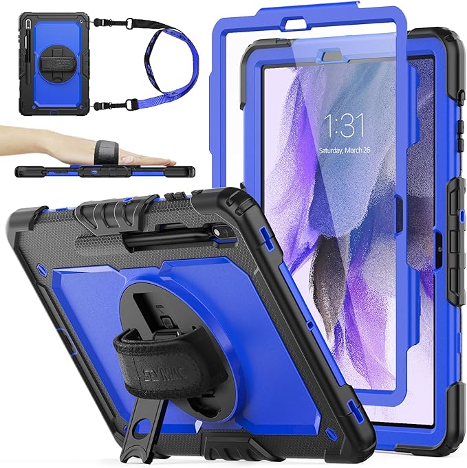 SEYMAC stock Case for Samsung Galaxy Tab S7 FE / S8 Plus 5G Case 12.4'' with Screen Protector Pencil Holder [360 Rotating Hand Strap] &Stand, Drop-Proof, Blue/Black