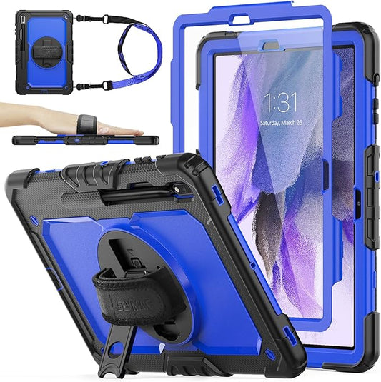 SEYMAC stock Case for Samsung Galaxy Tab S7 FE / S8 Plus 5G Case 12.4'' with Screen Protector Pencil Holder [360 Rotating Hand Strap] &Stand, Drop-Proof, Blue/Black
