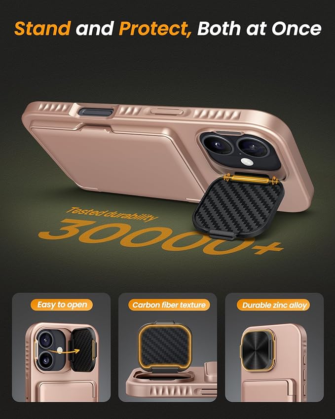 for iPhone 17 Case with Card Holder & Stand & Camera Cover, Military Grade Drop Protection Hard Rugged Multifunctional Wallet Kickstand Protective Phone Case for iPhone 17, Rose Gold